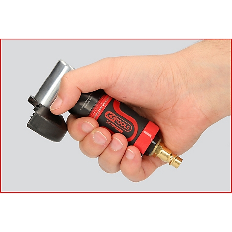 Eine Hand hält einen Druckluftschleifer. Der Schleifer ist schwarz-rot und mit 'KS Tools' beschriftet.